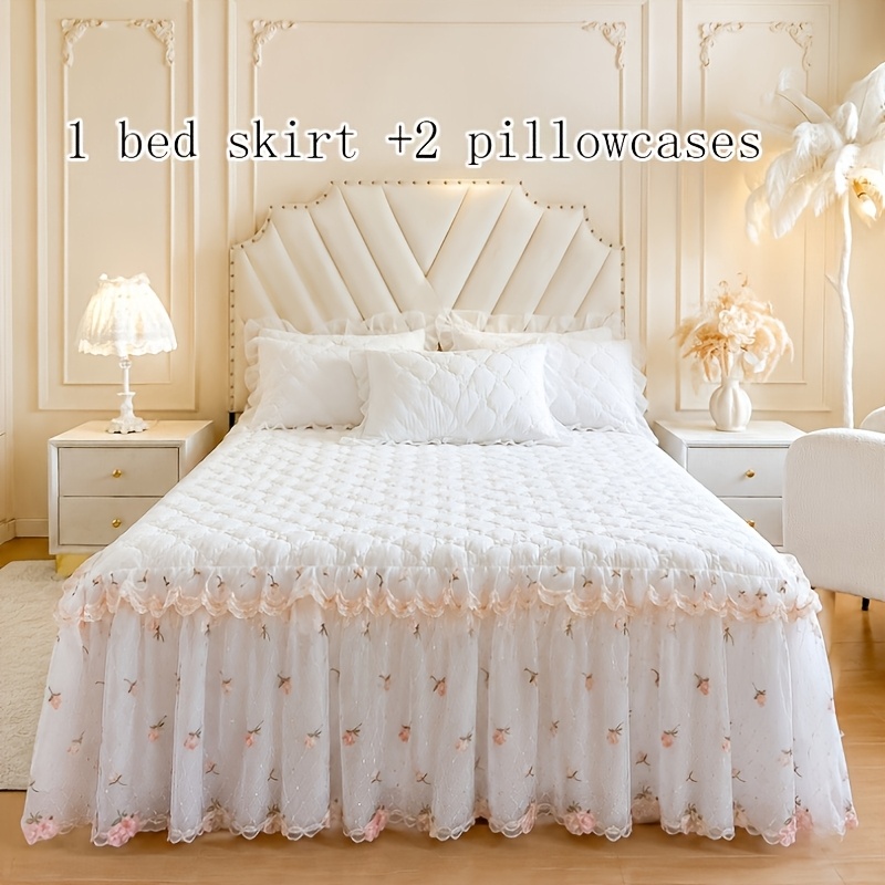 TEMU 3pcs Bed Skirt Set, Solid Color Quilted And Thickened, Made Of Soft Fabric With Lace Trim. Includes 1 Bed Skirt And 2 Pillowcases (pillows Not