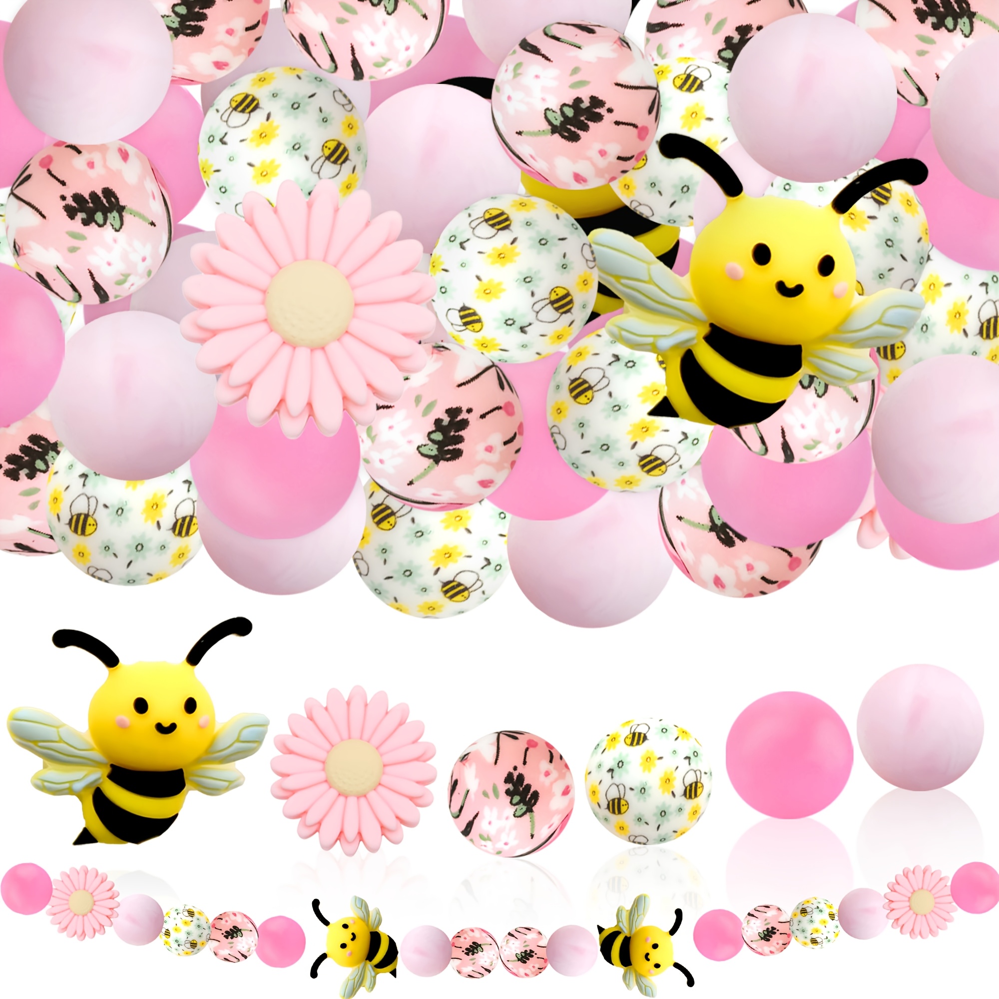 E-shop 28 Stück Silikonperlen, niedliche kleine Bienen-Silikonform, lose Perlen, rosa kleiner Gänseblümchen-Bouquet, kleiner Bienen-Druck, farbenfrohe