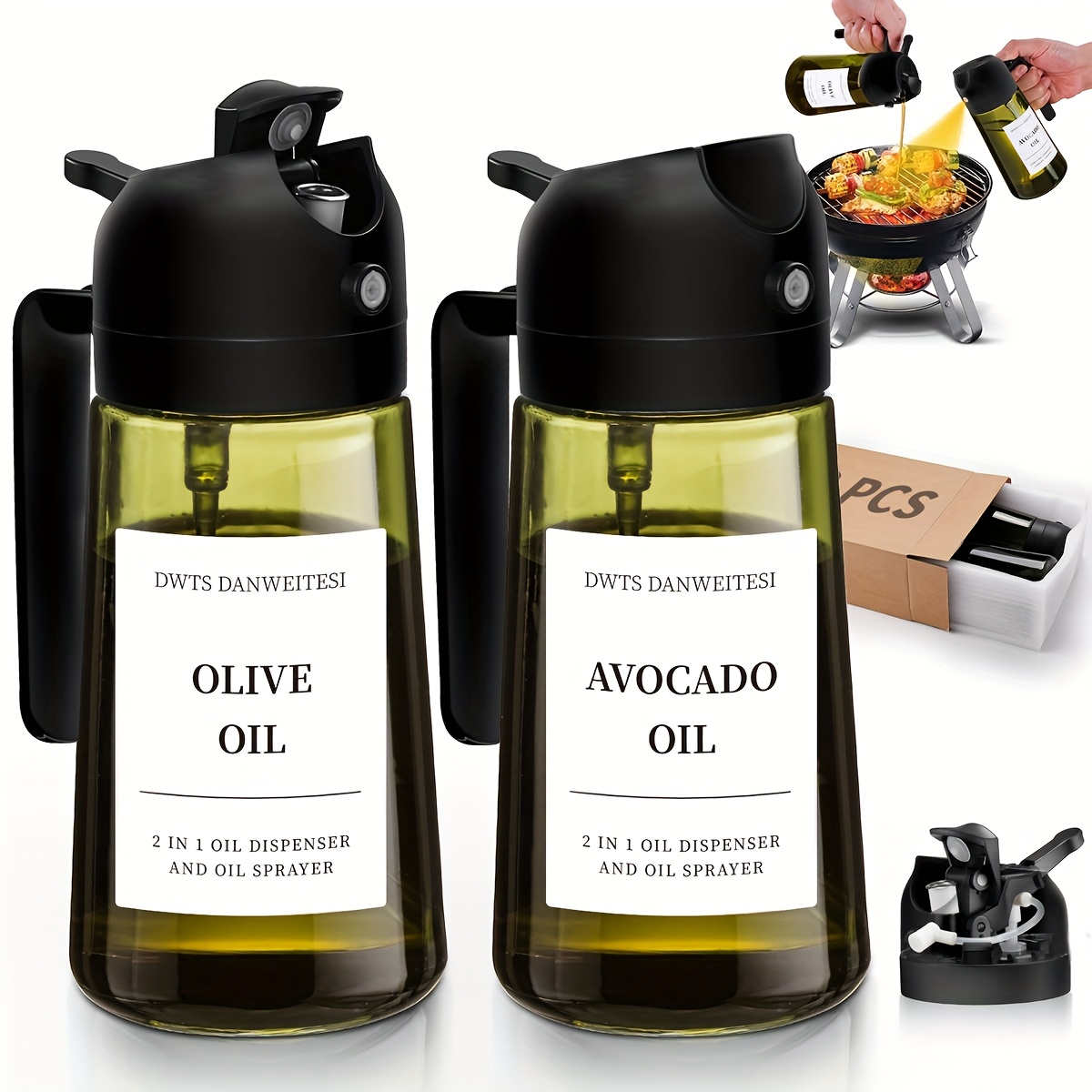 E-shop Set mit 2 Glas-Olivenölsprühflaschen, je 16Oz/470Ml, zum Kochen, Küchenutensilien und Heißluftfritteusen-Zubehör, inklusive Dosierflaschen für