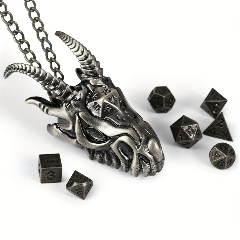 

7 Piece Dnd Mini Dice Set, Dragon's Head Hollow Necklace Dice Case, For Dungeons & Dragons, Rpg, Mtg, Trailblazers, Table Games, Board Game D&d Dice Set (bronze/bronze/silvery)