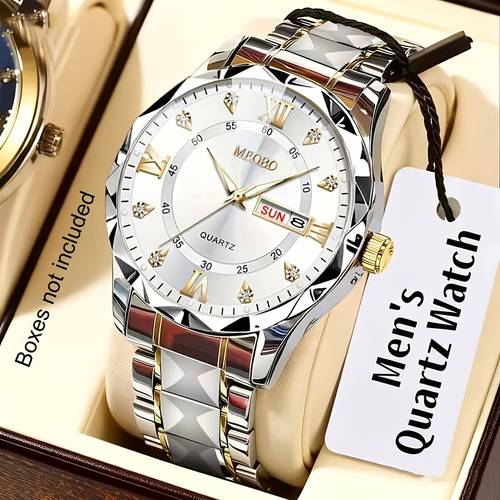 1 New Trendy Fashion Men'S Quartz Watch, Stainless Steel Strap, with Day And Date, Roman Numeral Round Dial, Suitable for Formal And Casual Wear - The Ideal Gift for Him