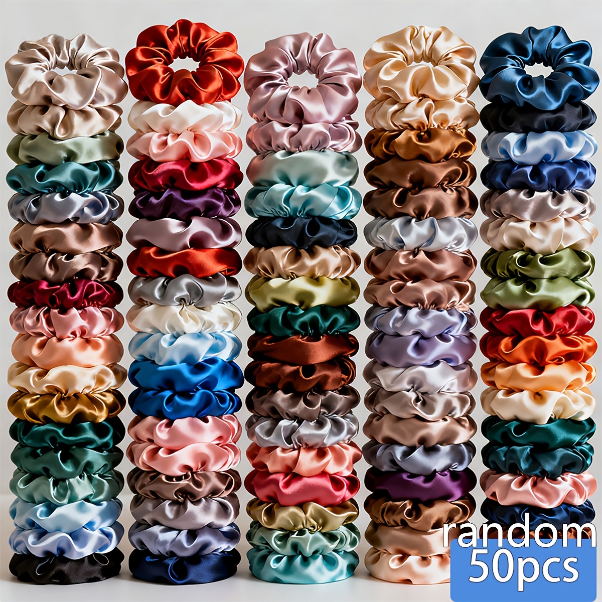 Image of 50pcs Random Satin Scrunchies Mixed Colors, Solid Color Hair Ties Elastic Bands For Women And, Thin Hair Additions For Daily Use & Gift