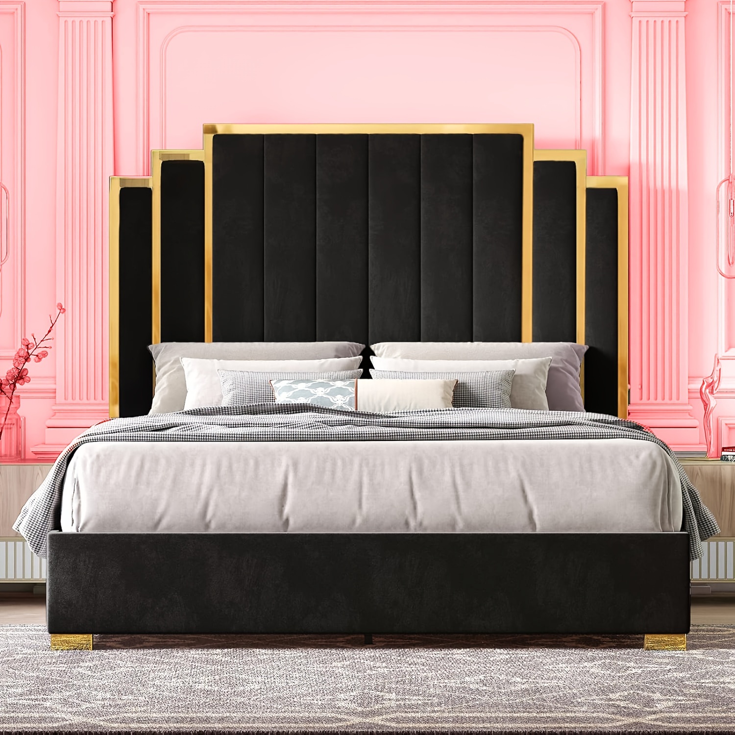 

Papajet Upholstered Bed With 61" Headboard And Golden Plating Trim - No Box Spring Needed, Modern Design