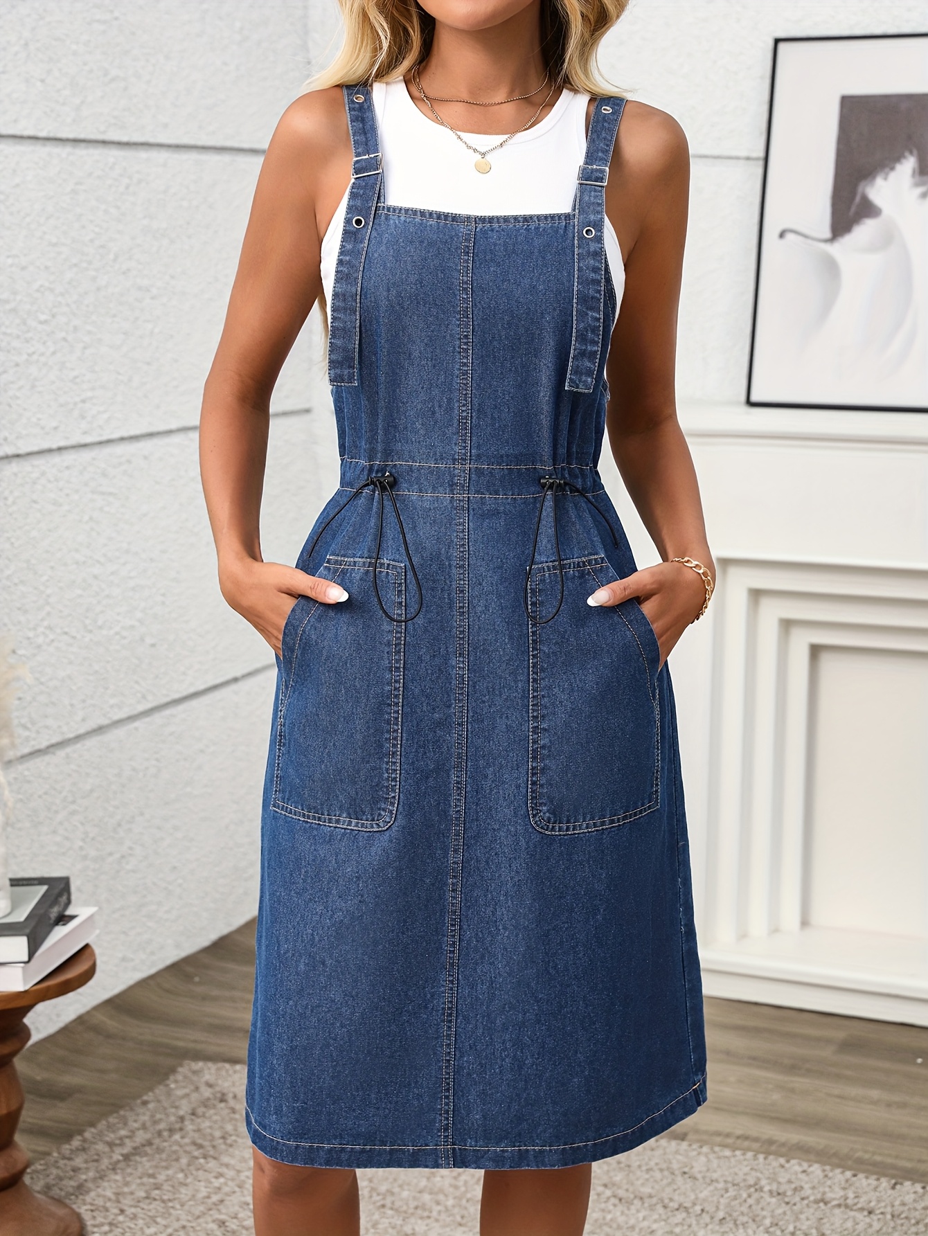 dames denim midi jurk met spaghettibandjes verstelbare Temu