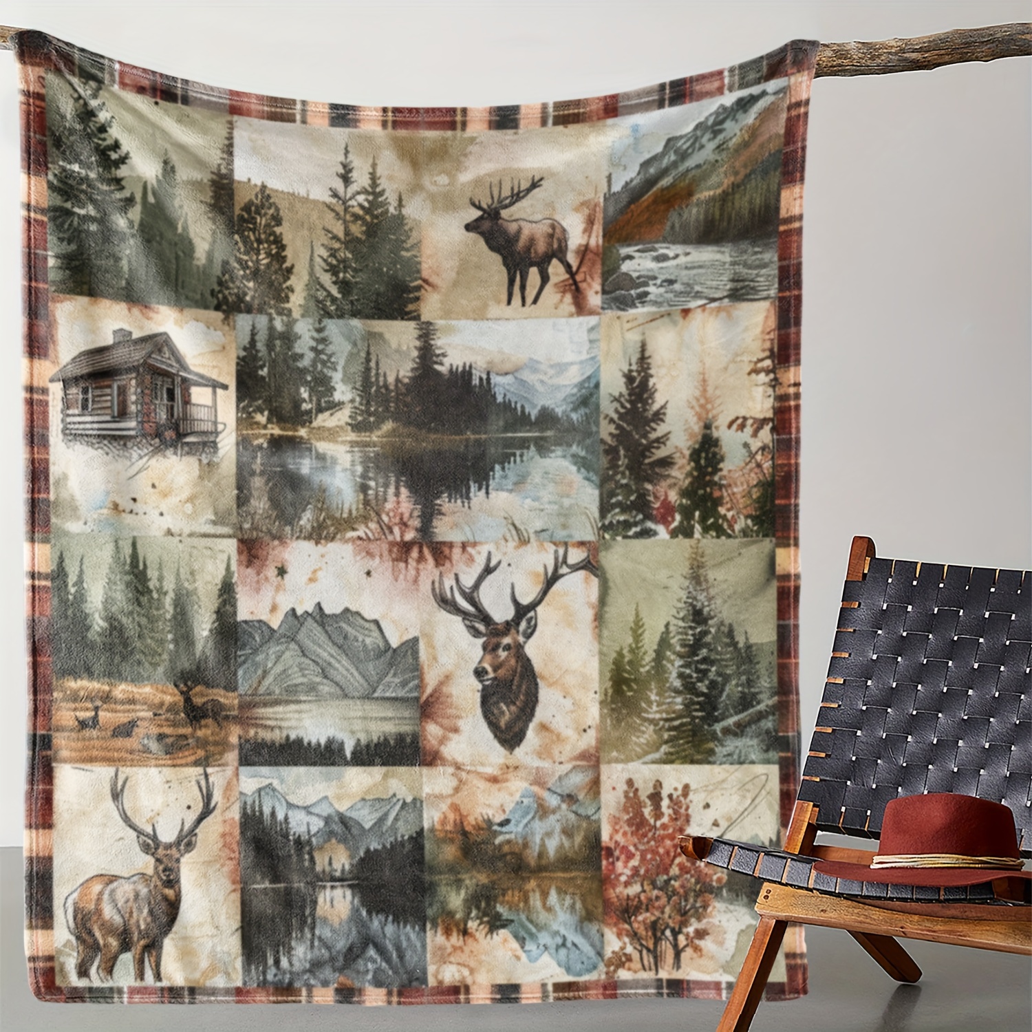 

Cozy Flannel Throw Blanket With Elk And Print - Soft, Warm For Sofa, Bed, Car, Office, Camping, Travel - Gift Blanket, Vintage Style, Colors