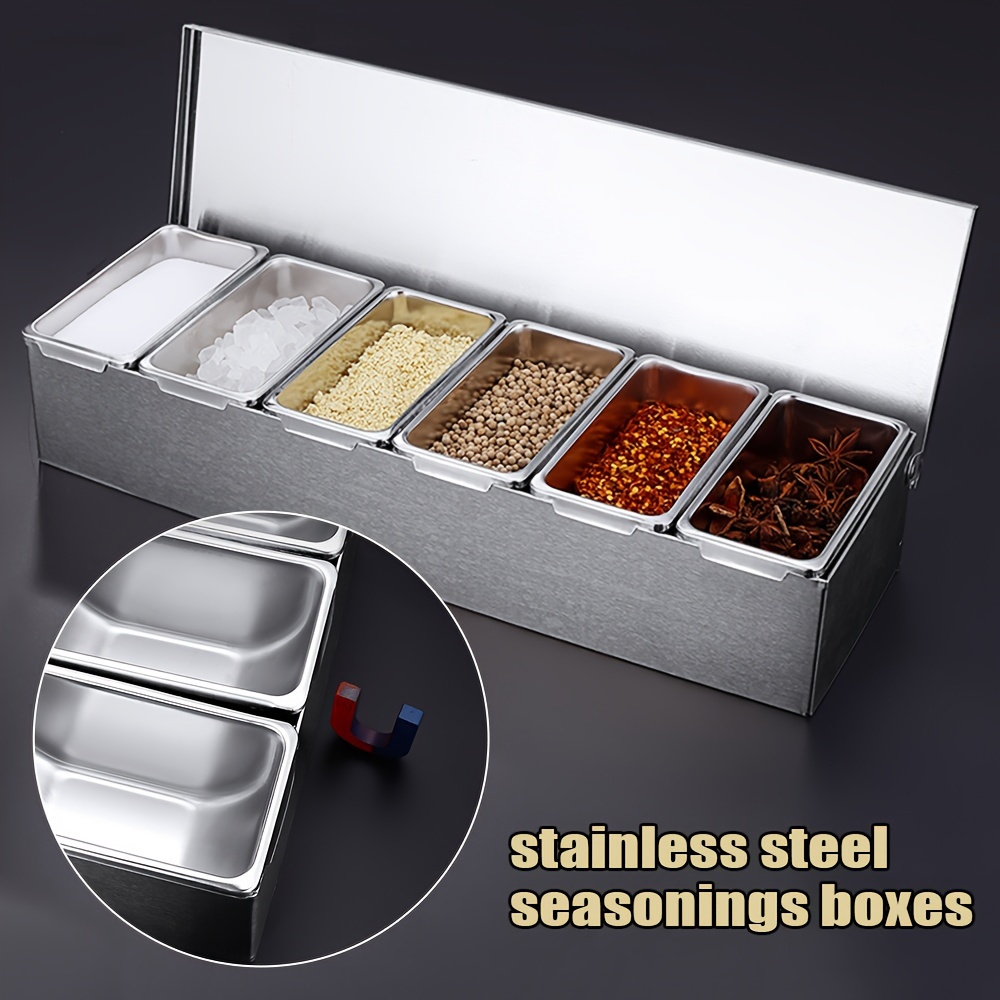 

6 Compartment Trays, Stainless Steel Detachable Topping Station With Lid Condiment Dispenser Reusable Ice Condiment Seasoning Container