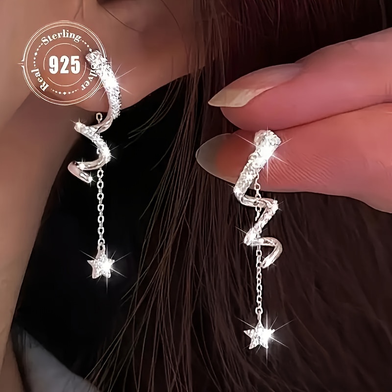 

Elegant 925 Silvery Star Tassel Earrings With Sparkling Zirconia - Geometric Twist Design For Social & Daily Use