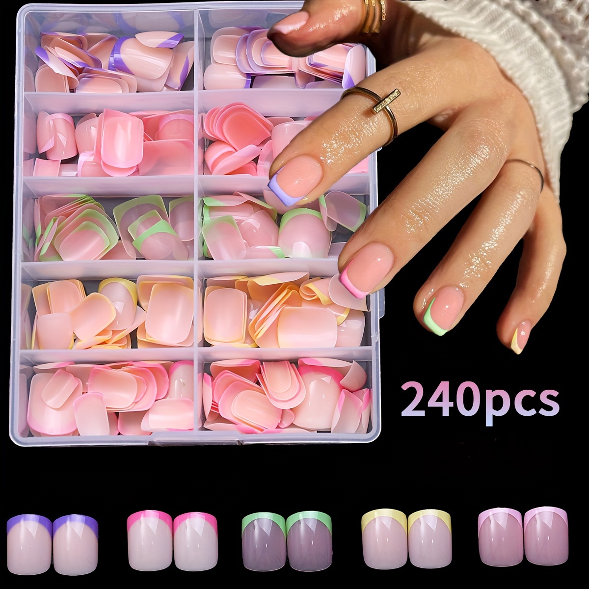 

240pcs Square Short French Nail Tips - Mixed Nude Tones, Colorblock Gradient Acrylic Fake Nails - Full Coverage Pre- Nail Extensions For