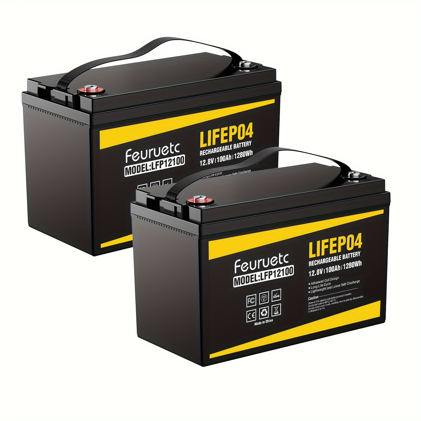 

2pcs/4pcs Feuruetc 12v 100ah Lifepo4 Battery, 4000~8000 Cycles, Chargeable Lithium Iron Phosphate Battery, Built-in Bms, Perfect For Rv, Solar, Marine, Home Energy