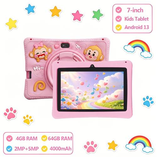 item picture new 7 inch childrens tablet 13 tablet 4gb 64gb rom supports wifi bluetooth function dual cameras parents can control pre software shockproof silicone protective cover cute monkey support protective cover