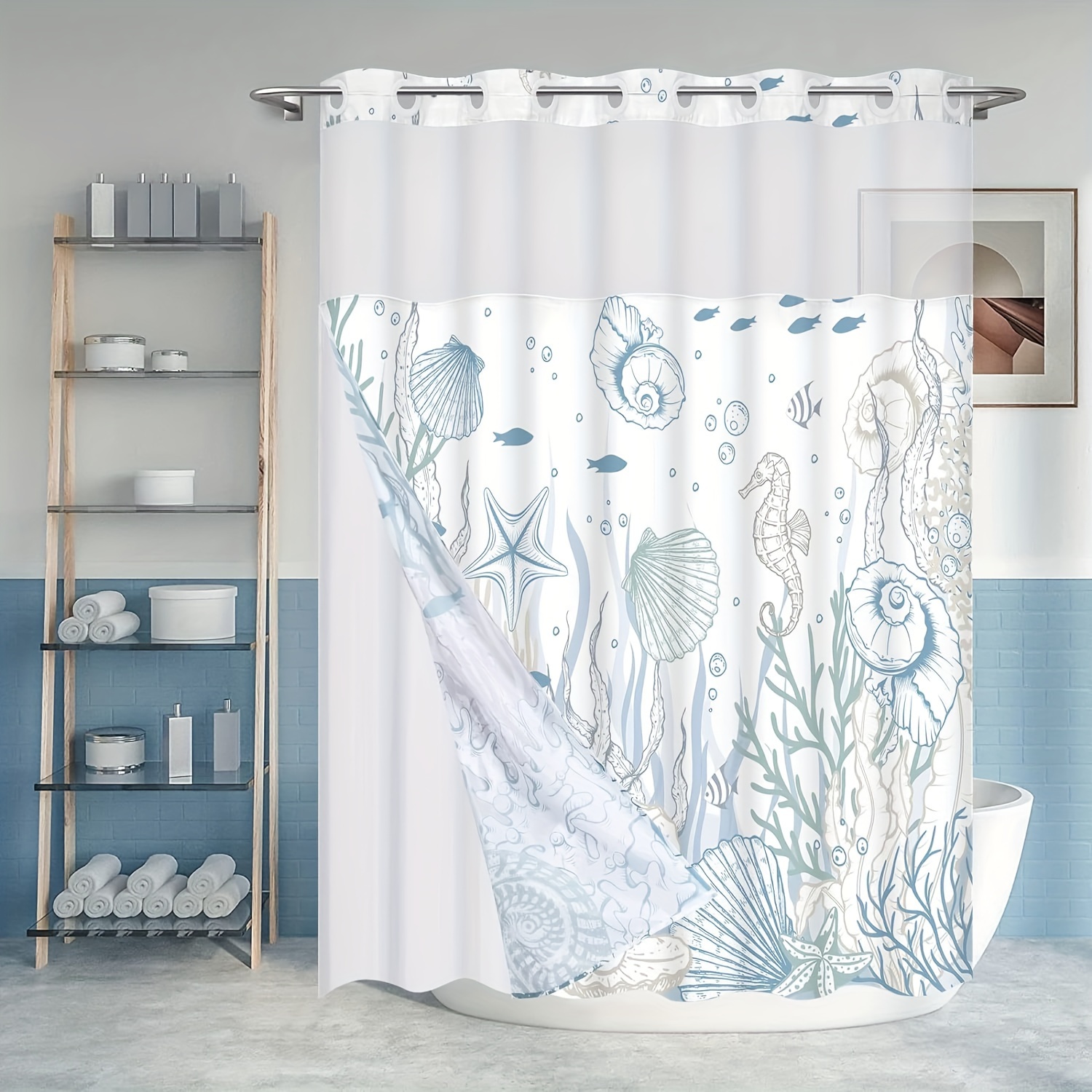 

Nautical Coastal No Hook Shower Curtain With Snap In Liner, Seashell Beach Shower Curtain With Liner