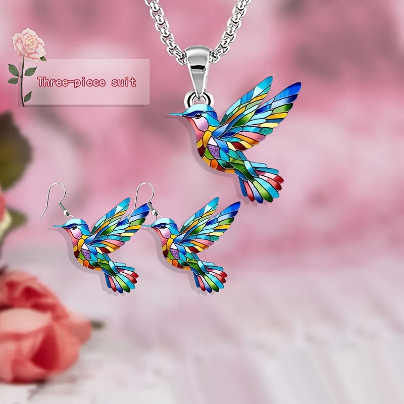 

3pcs/set Cute Acrylic Hummingbird Pendant Necklace And Dangle Earrings - Gift For Birthday, Anniversary, Graduation, Christmas - Jewelry, No Plating, Accessory