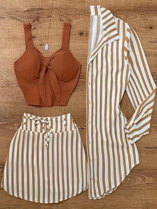 ladies 3pcs resort style brown striped set strappy suspender high waisted half skirt striped shirt multiple ways to wear full of atmosphere this brown striped set is full of resort style the caramel brown strappy suspender has a bow desig