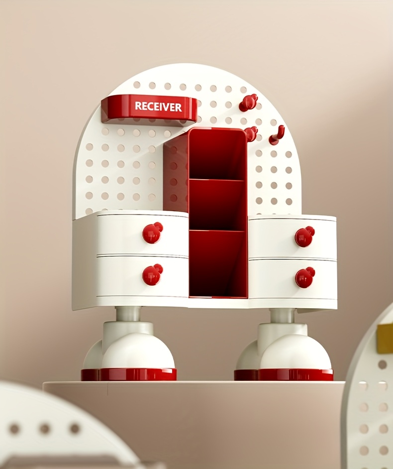 White Polka Dot Jewelry & Cosmetic Organizer with Drawers and Hooks - Multi-Functional Desktop Storage for Makeup, Skincare, and Accessories - Durable Plastic Countertop Organizer for Bathroom or Vanity, Makeup Vanity Desk, Playful Design, Decorative Storage