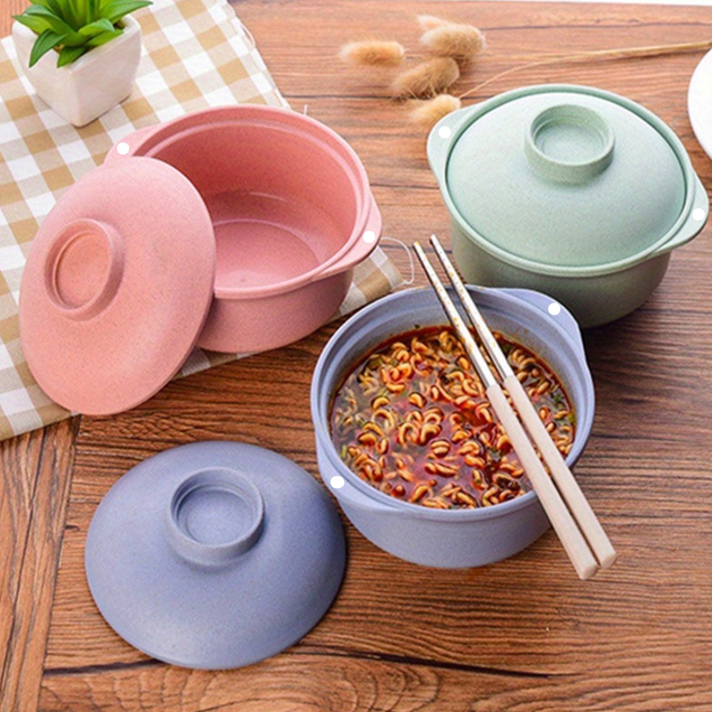 

easy-clean" Japanese-inspired Instant Noodle Bowls With Lids - Perfect For Soup, Rice & Healthy Meals - Durable Plastic Food Containers For Students & Parties