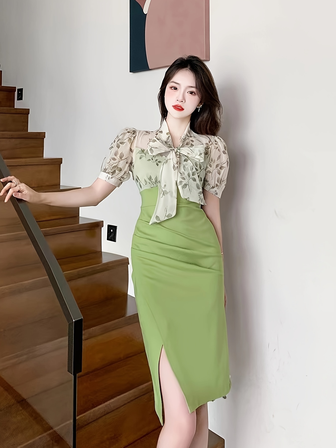 vestido empalme cuello corbata estampado hojas elegante Temu Mexico