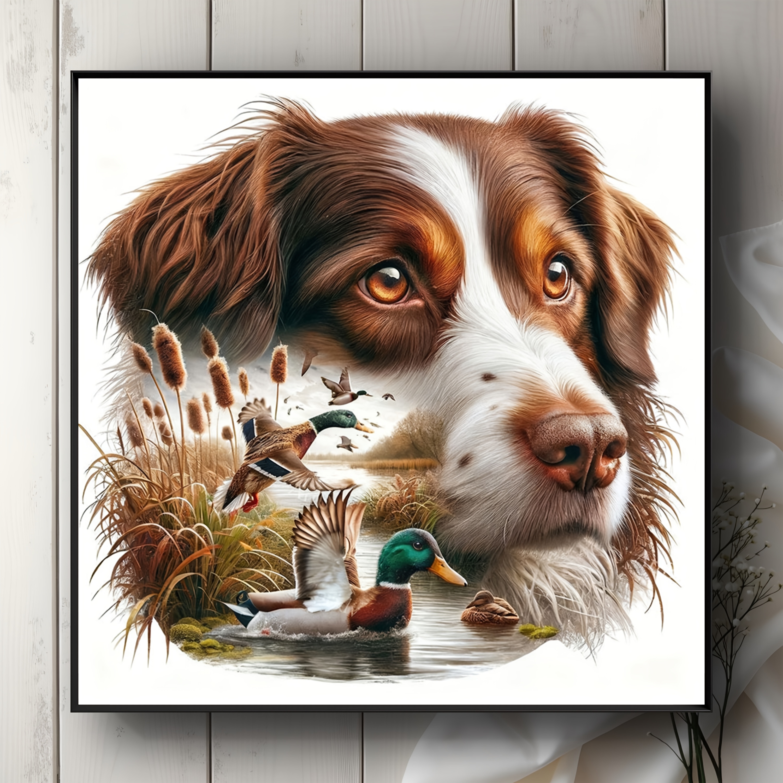 TEMU Kit de Peinture Diamant pour Adultes - Scène de Chasse Air avec Chiens et Oiseaux d'Eau, Art Mosaïque Diamant Complet, Idéal pour Décorer