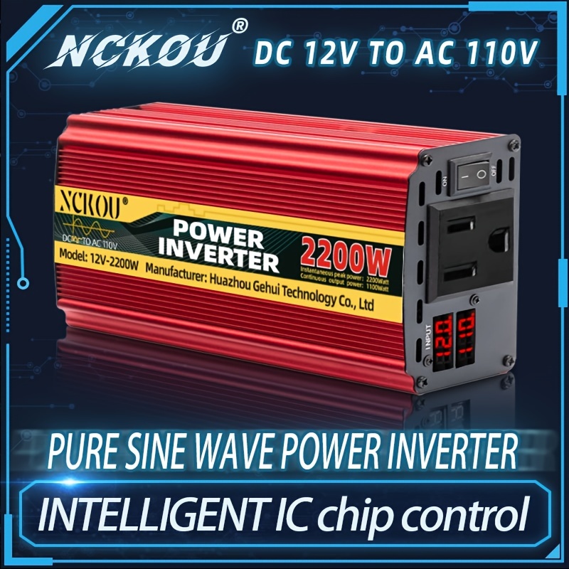 

1pc 2200w Pure Sine Inverter, 12v To Ac 110v With Voltage Display, Intelligent Ic Control, Single Socket, , For Home And Office Use, Us Plug, Without Battery