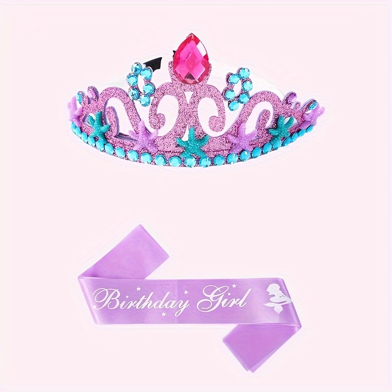 

2pcs Sparkling Purple Mermaid & Unicorn Birthday Tiara And Satin Sash Set - Perfect Princess Dress-up Accessories For ' Themed Parties, Polyester, No Batteries Needed, Mermaid Party Decorations