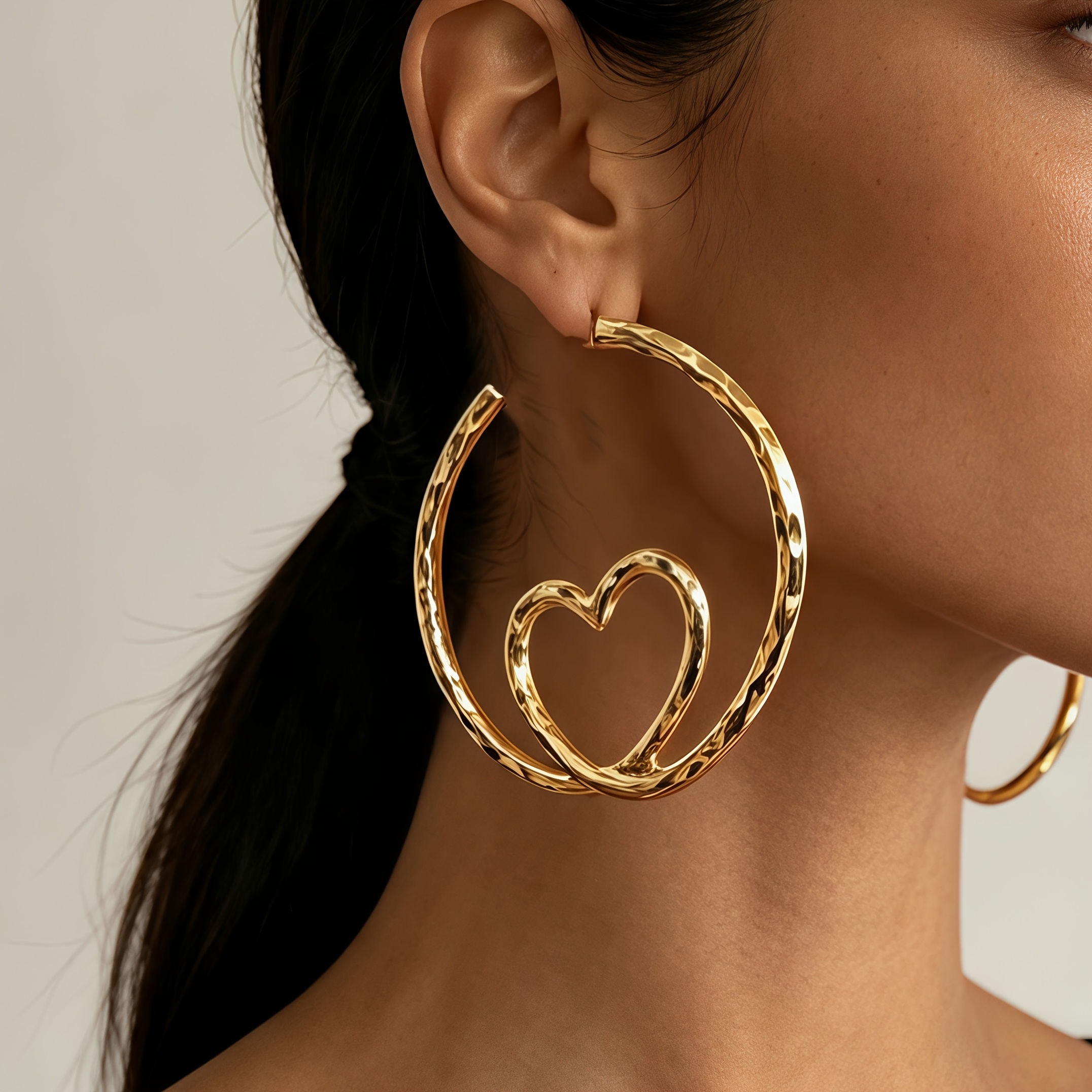 TEMU A Pair Of Women's Fashionable Drop Earrings With A Texture, Featuring Large Hoops With Heart Accents. - Features A Hollowed-out Heart Shape,