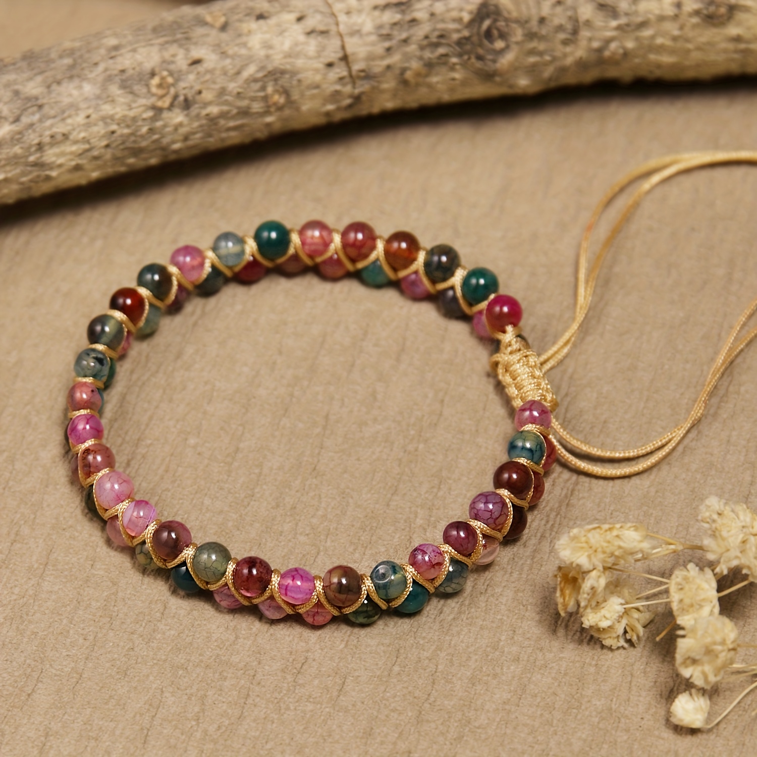 E-shop 1 Stück 1 Stück Damen Armband aus Naturstein im Boho-Stil – Handgeflochtenes verstellbares Band, lebendige bunte Perlen, echte Steinperlen für