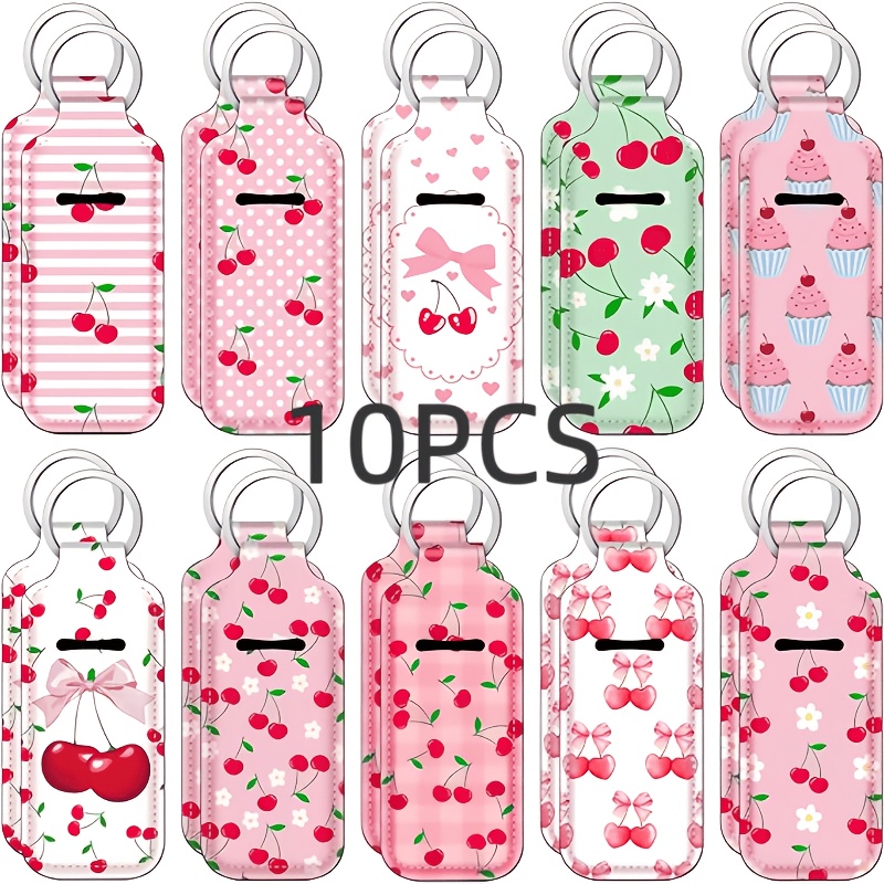 TEMU 10pcs Pink Bow Cherry Lipstick Holder Keychain Set, Neoprene Lip Balm Holder Keychain, Portable Design Suitable For Lipstick, Lip Gloss, Lip