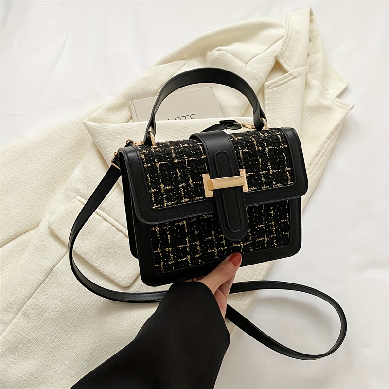 

Classic Minimalist Square Shoulder Bag, Classic Plaid Pattern Top Handle Satchel Bag For Women