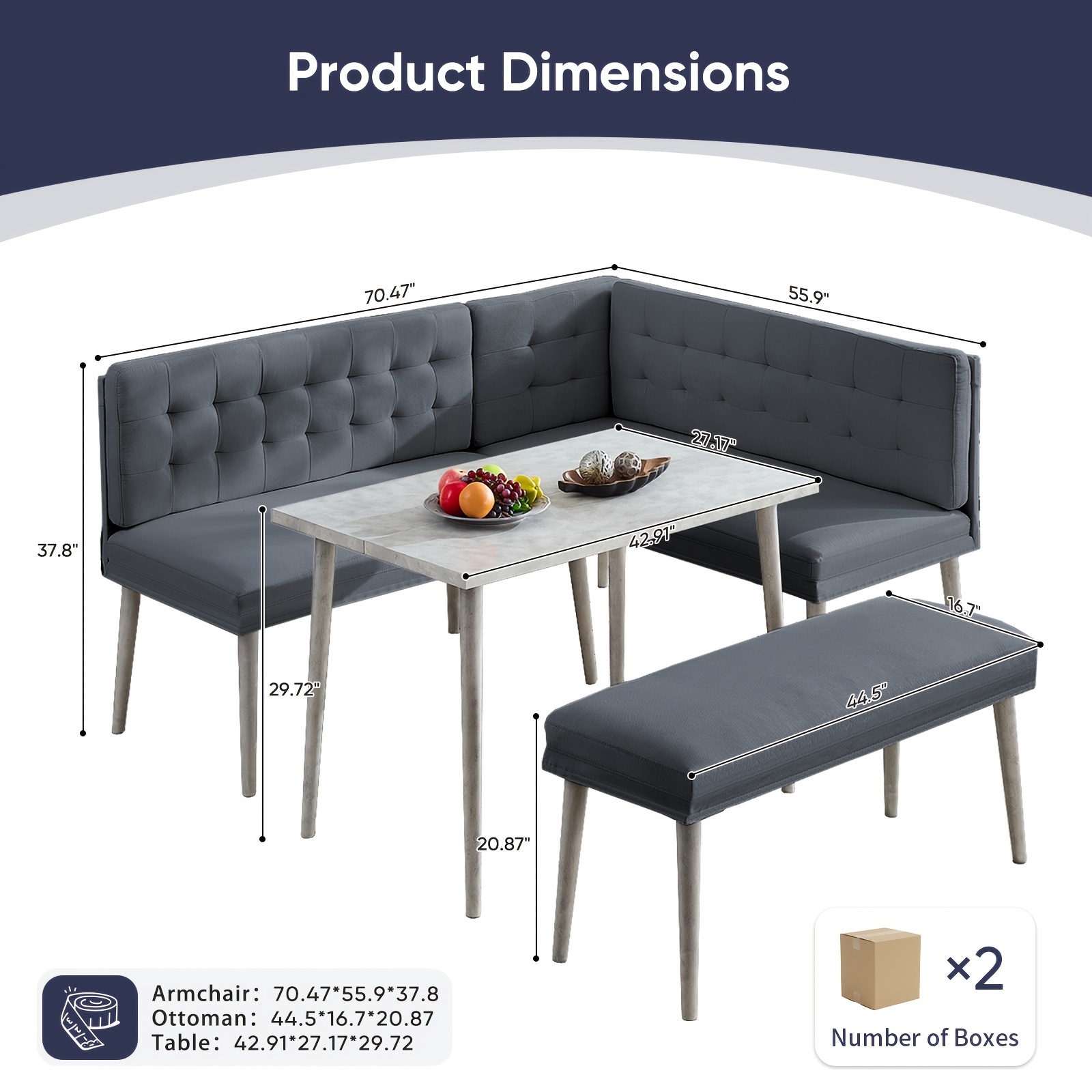 3pcs L-Shaped Dining Nook Set with Bench, Modern Space-Saving Corner Breakfast Nook with Tufted Sofa And Marble-Look Table for Small Kitchens