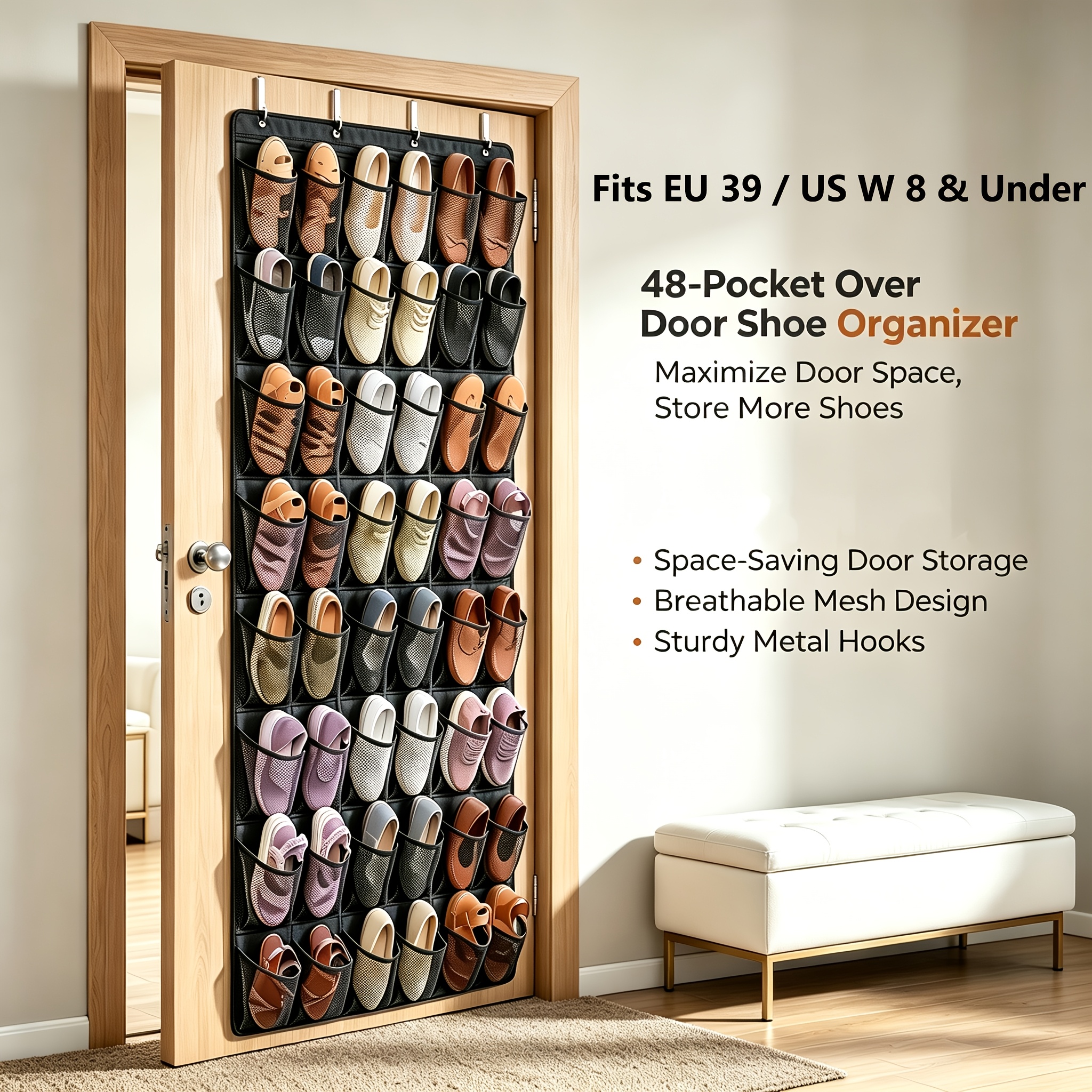 TEMU 1pc 6-column 8-tier 48 Pockets Over The Door Shoe Organizer, Hanging Shoe Rack With Large Breathable Mesh, Space-saving Shoe Storage Holder For