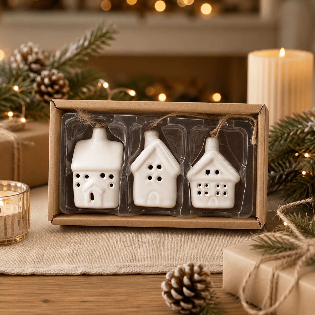 TEMU 3pcs Set Of Mini Ceramic Hollow Christmas Houses, Christmas Tree Ornaments, Christmas Decorations, Holiday Decorative Hangings