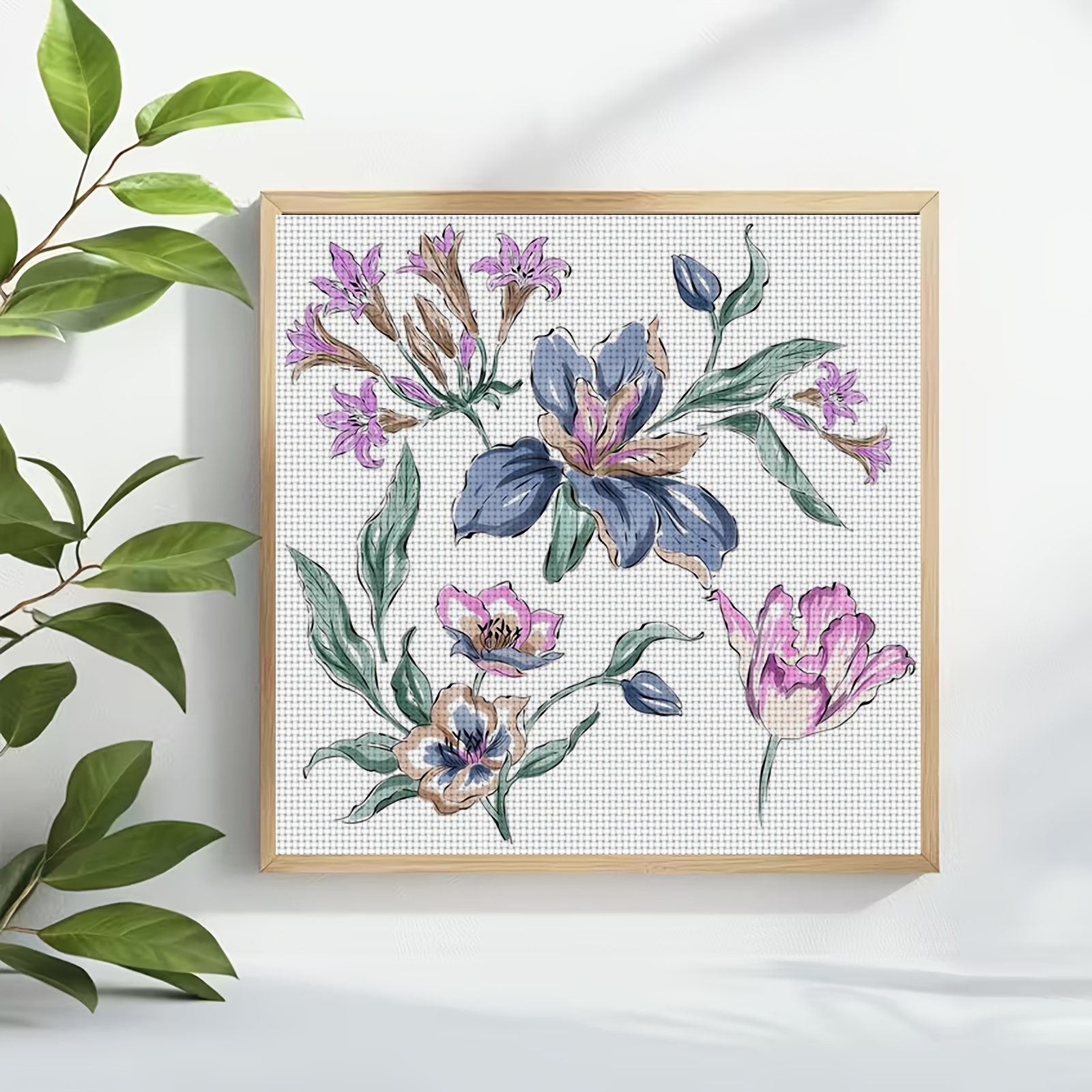 DIY Cross-stitch Printed Kit, Unframed, "Colorful Floral Hand-painted Pattern"
