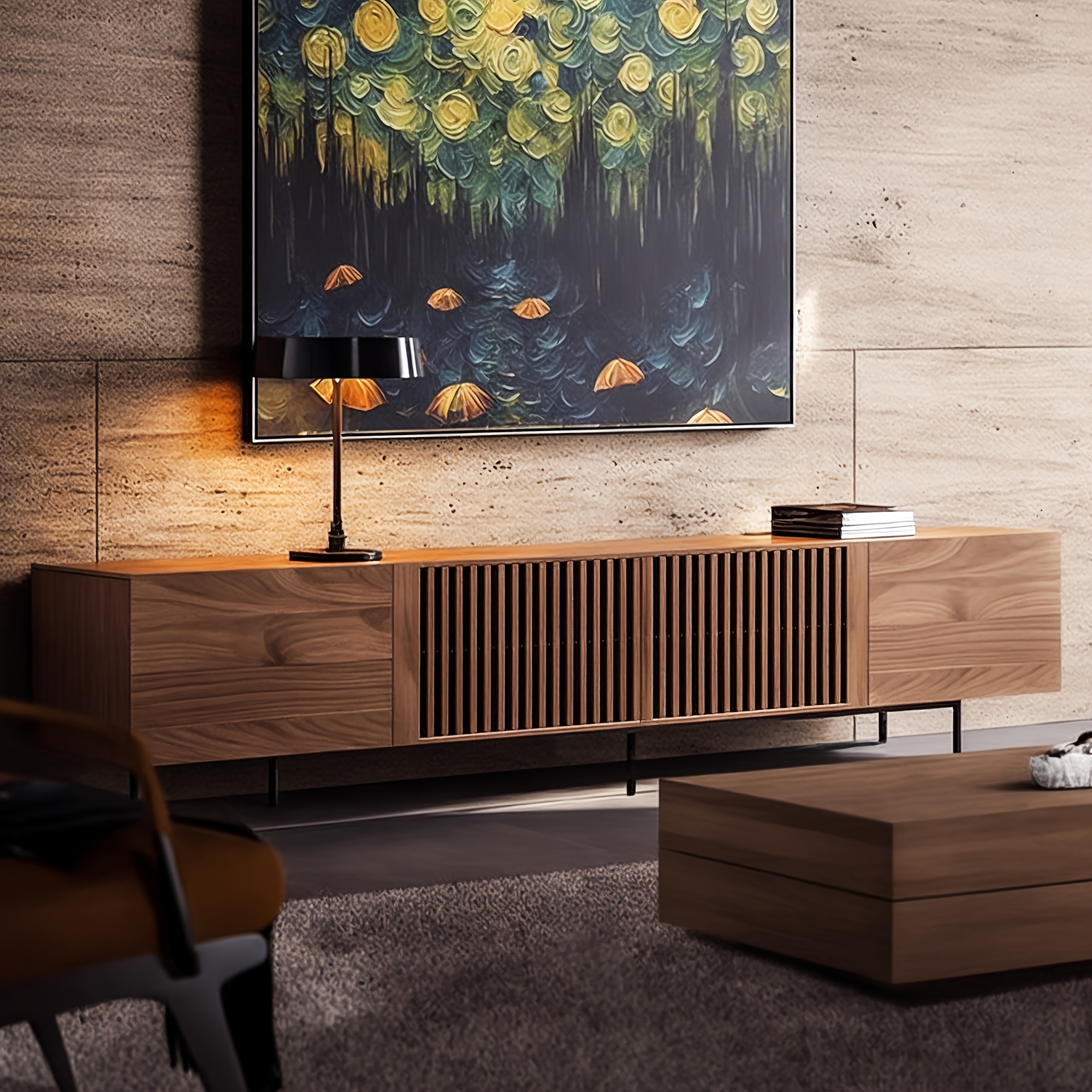 Image of Luck Modern Minimalist Tv Cabinet With Hidden Cable Design, Walnut Finish, Open Storage Space, 240 X 55 X 40cm, Easy Assembly, Living Room Or Entertainment Center, Tv Table For Living Room