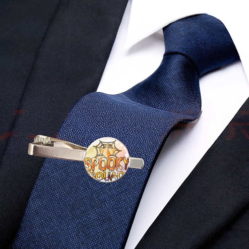 Spooky Squad Halloween Tie Clip with Spider Web & Pumpkin Motif