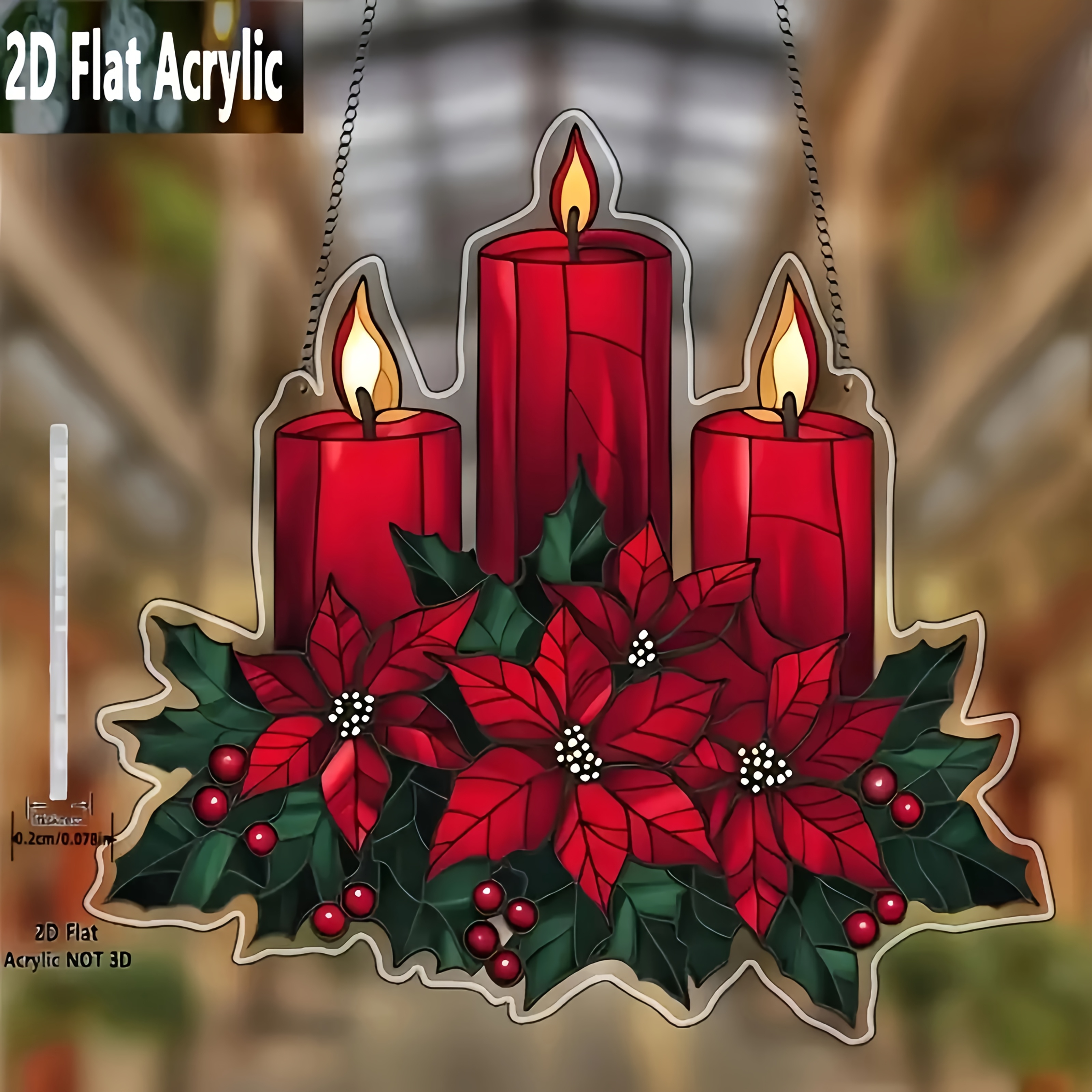 TEMU 2d Flat - 2d Acrylic Red Candle And Wreath Hanging Decoration - No Electricity Needed, Bright Holiday Decoration For Home, Office, Cafe Porch