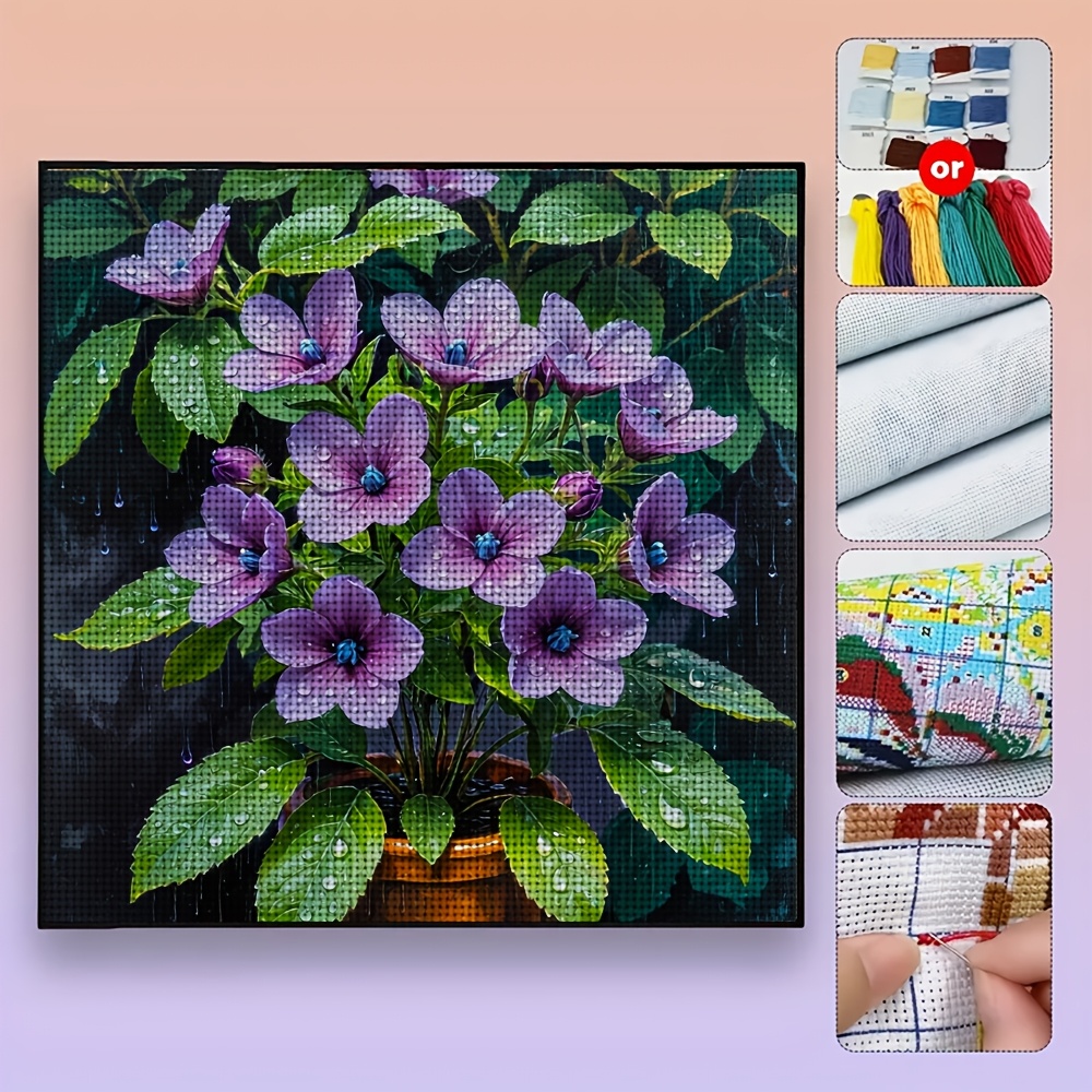 Frameless Cross Stitch Kit Featuring Purple Flowers with Raindrops in Pot