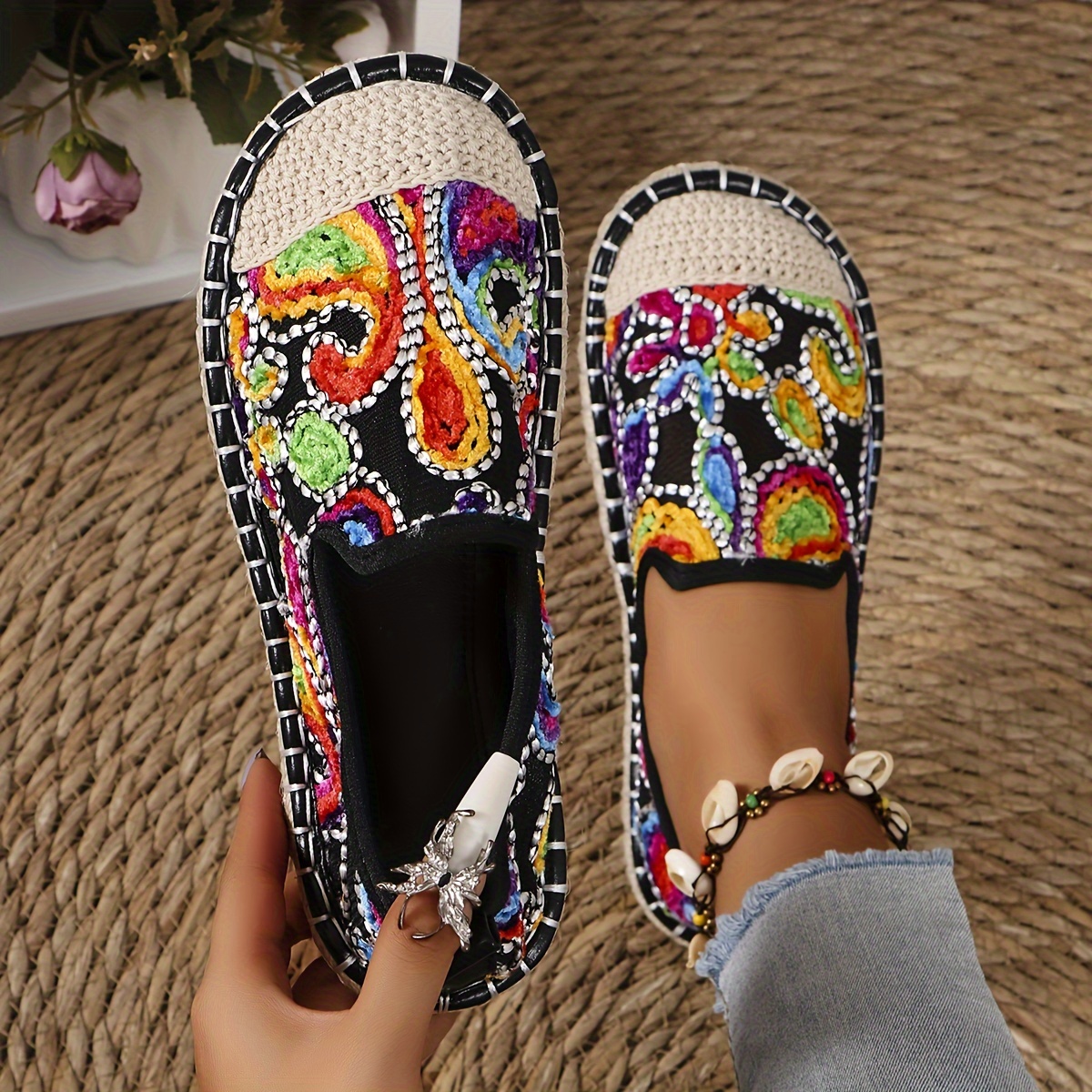 

Spring/summer New Arrival: Women's Casual Slip-on Fisherman Shoes With Floral Patterns And Low Heel