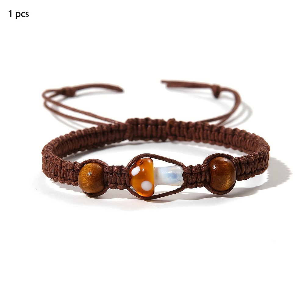 Image of 1pc Women Men Bohemian Style Mushroom Woven Bracelet Wooden Beads Handmade Beading Adjustable Hand Rope
