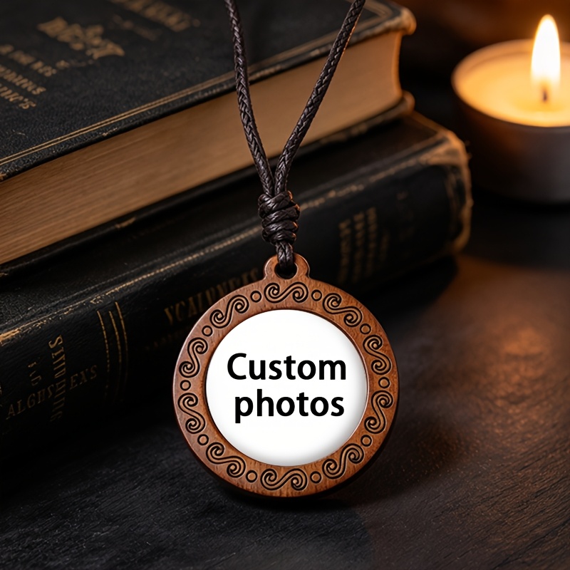 TEMU 1pc Handmade, Exquisitely Carved Classic Necklace & Pendant From Synthetic Reclaimed Wood, Inlaid With Time Gemstones. Customizable With Any