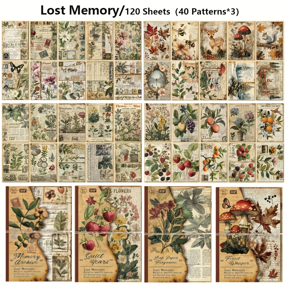 TEMU 120 Blatt Vintage Blumen Set - Nicht klebendes großes dekoratives für DIY Bullet Journals, Junk Journals und Bastelprojekte - Ideal für