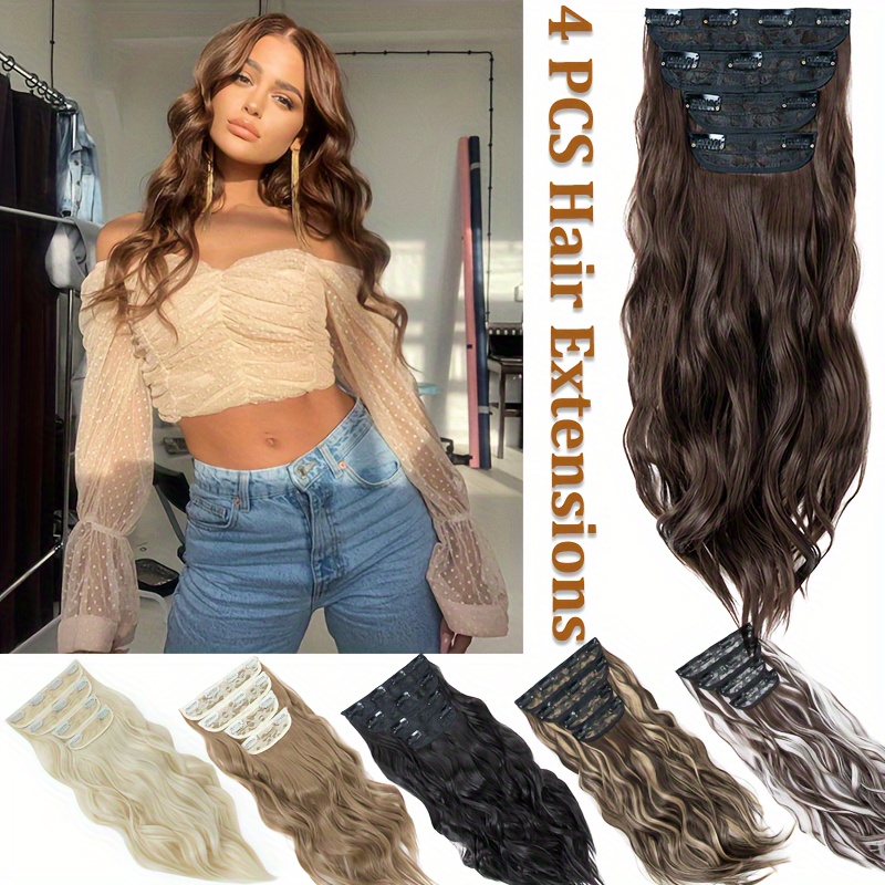 balayage 22 inch clip in hair extensions 4pcs long wavy thick highlighted clip in hairpieces curly synthetic   hair extension for women daily use brown bleach blonde black christmas and halloween gift details 0