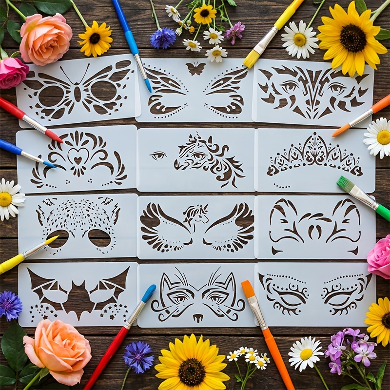 TEMU Ensemble de 12 pochoirs de peinture lavables, avec des des papillons et des licornes, parfaits pour de fête d'Halloween