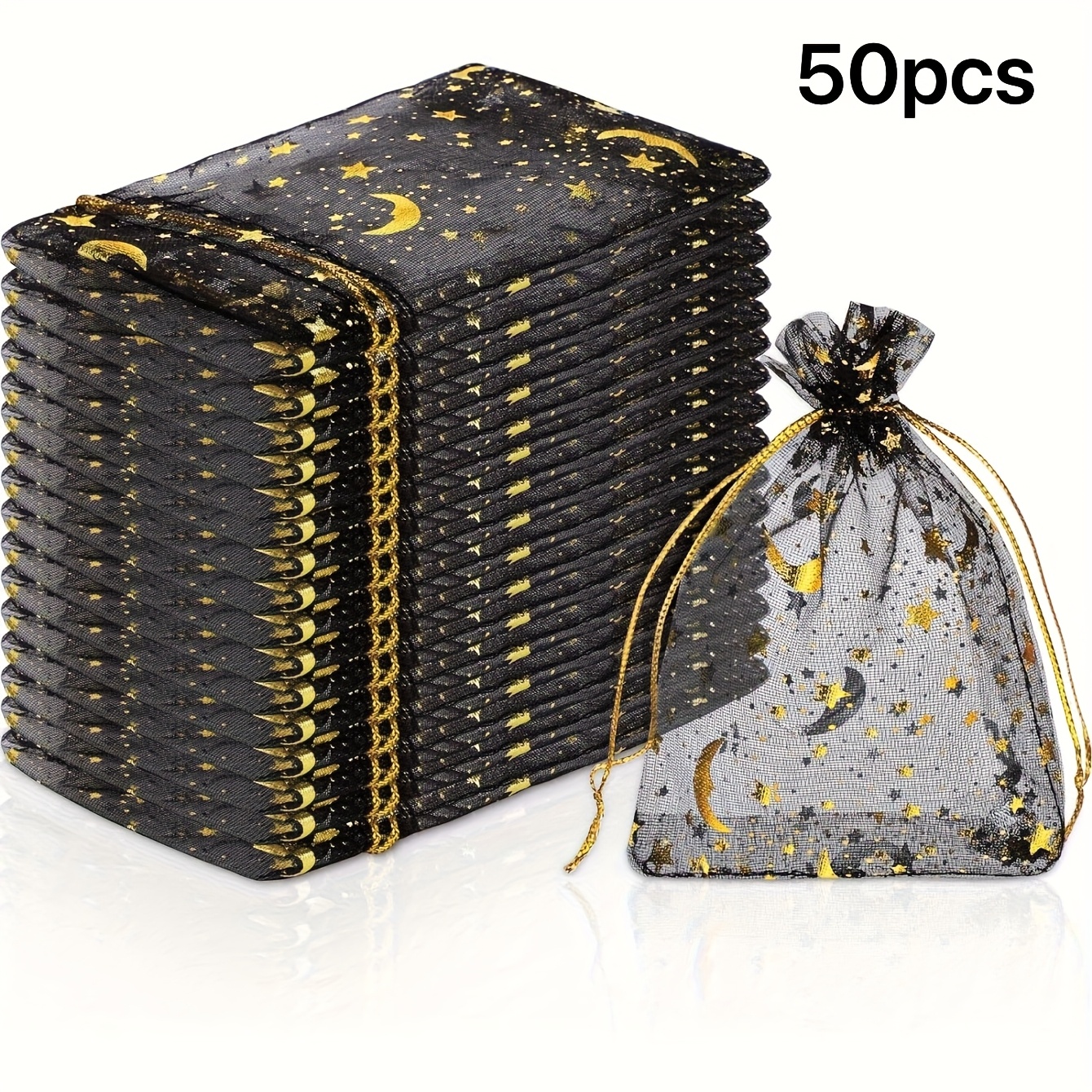 TEMU 50/100pcs Moon And Stars Gauze Drawstring Gift Bags - Perfectly Suitable For Party Favors, Jewelry, Cosmetics - For Wedding And Birthday Gift
