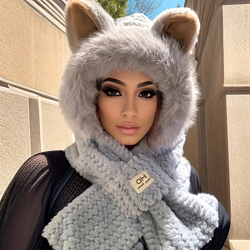 

Hooded Scarf With Cute Cartoon Ears - , Moisture-wicking Winter Hat For Women