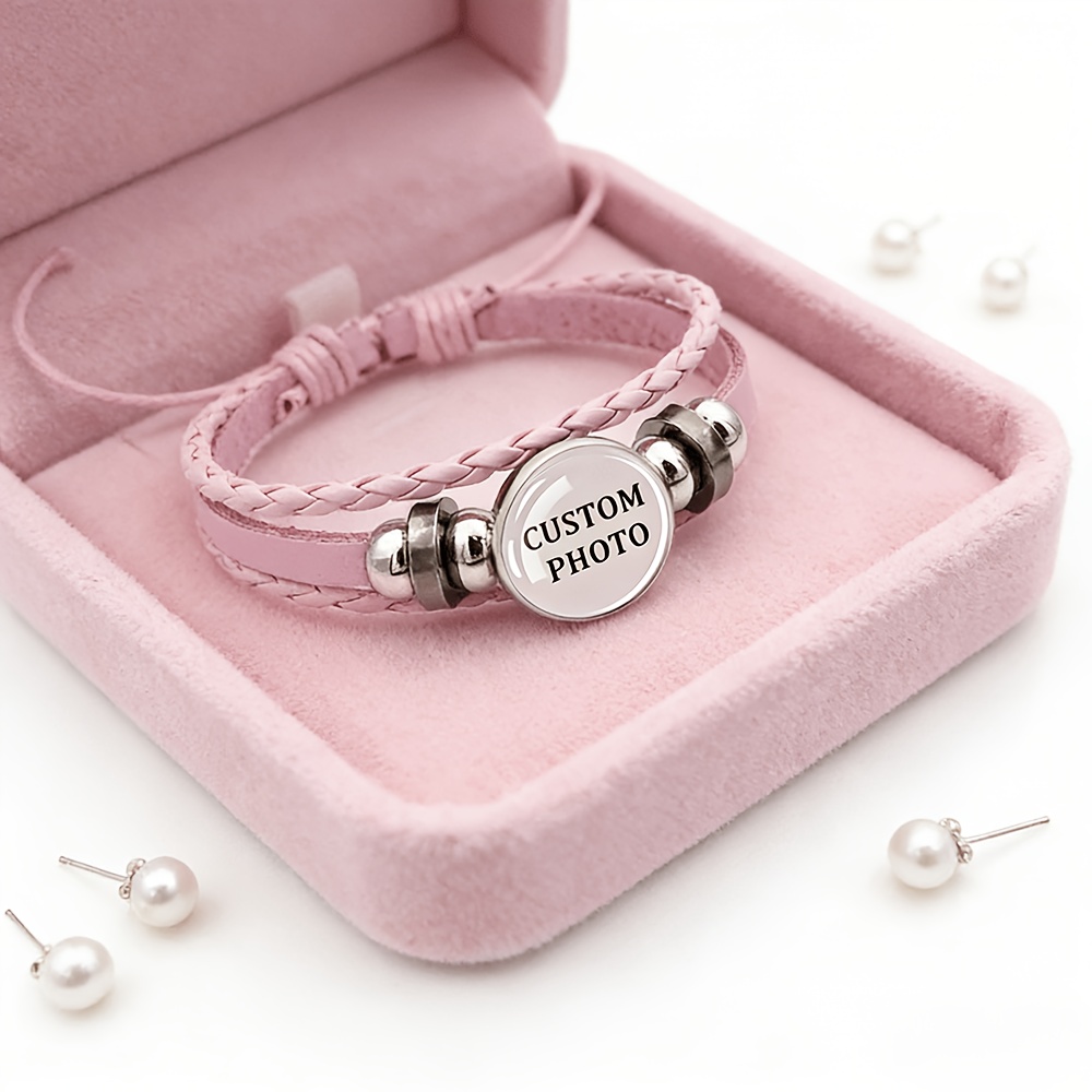 Photo Customization Pink Slide Bracelet, Vintage Glass PU Leather