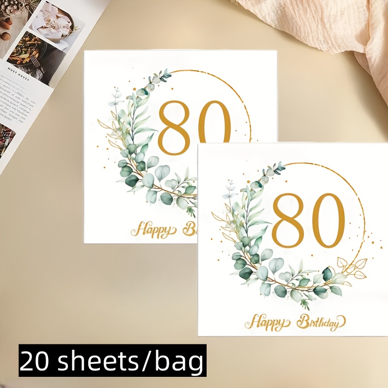 E-shop 20 Blätter pro Packung, "Alles Gute zum Geburtstag! 60./70./80. Geburtstag" Eukalyptusblatt-Muster Servietten, Doppellagig, Ideal für