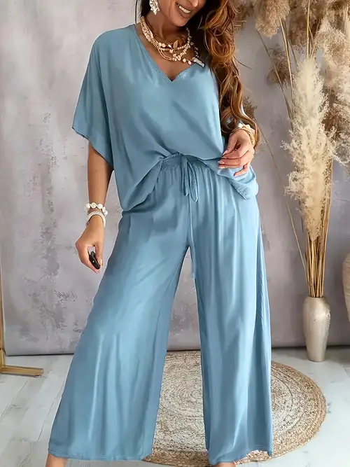 womens spring summer autumn new solid color casual pants set with v neck loose top and drawstring wide leg pants 2pcs suit fashionable holiday gift