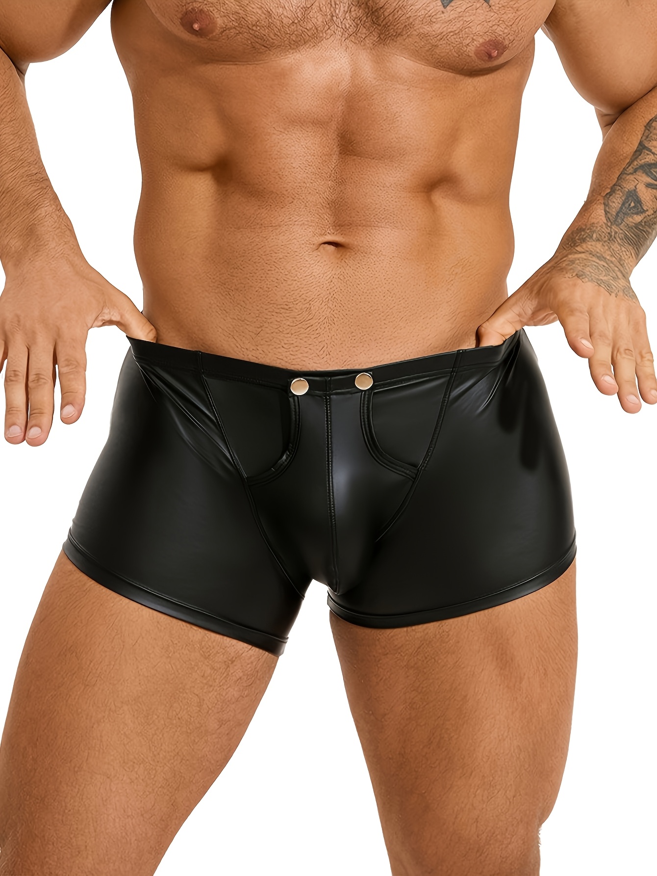 Men's High-Elasticity PU Boxer Briefs Shorts with Convex Button Closure - Sleek Black Solid Color Underwear for Comfort & Easy Removal