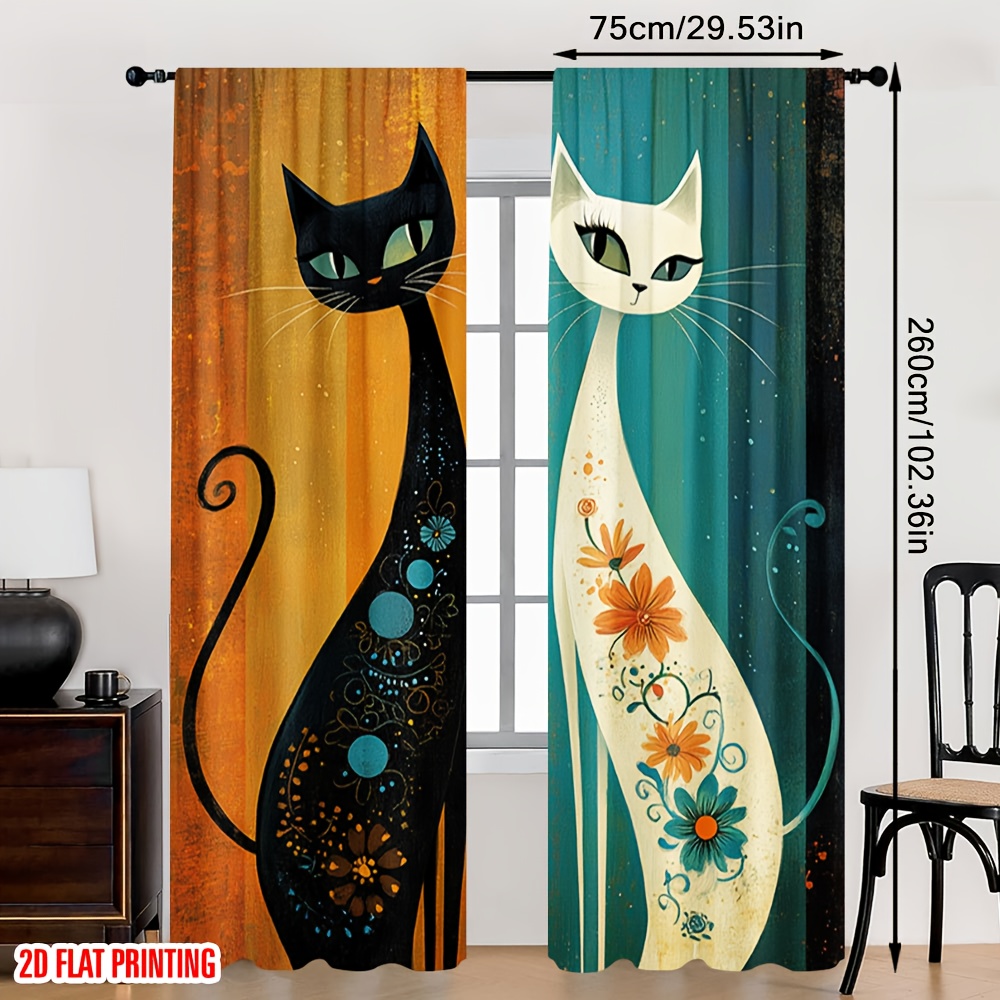 TEMU 2d Flat - 2d Flat - 2d Flat, 2pcs Halloween Black Cat Room Darkening Curtains, Decorative Panels For Makeover