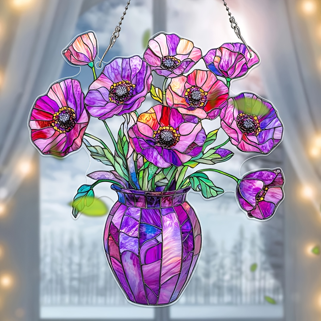 

1pc Vibrant Poppy Flower Stained Glass Sun (7.36"x8") - Window Hanging Decor With Pink, In Patterned Vase, Ideal For Garden & Home, Perfect Birthday Gift For Family & Friends