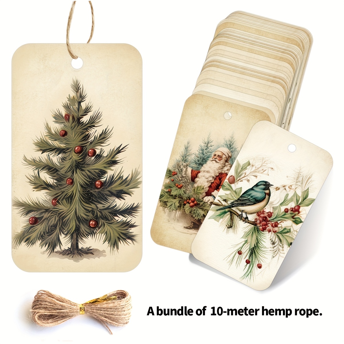 Image of 50pcs Vintage Christmas Hang Tags With Hemp Rope, Classic-style Holly, Birds, Santa Claus Designs, For Diy Enthusiasts, Crafters, Christmas Shop Party Decoration, Labeling Gifts Packaging